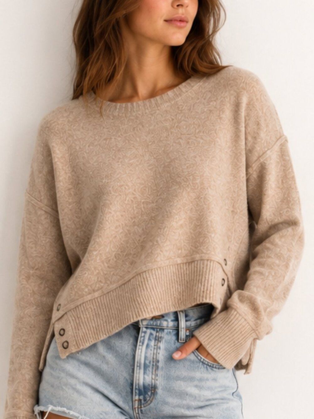 Sophie Rue Beige Minimalist Knit Sweater Size Medium Soft Pullover Side detail